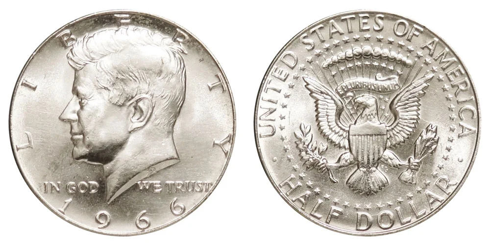 1966 Kennedy half dollar obverse and reverse showing JFK portrait and heraldic eagle