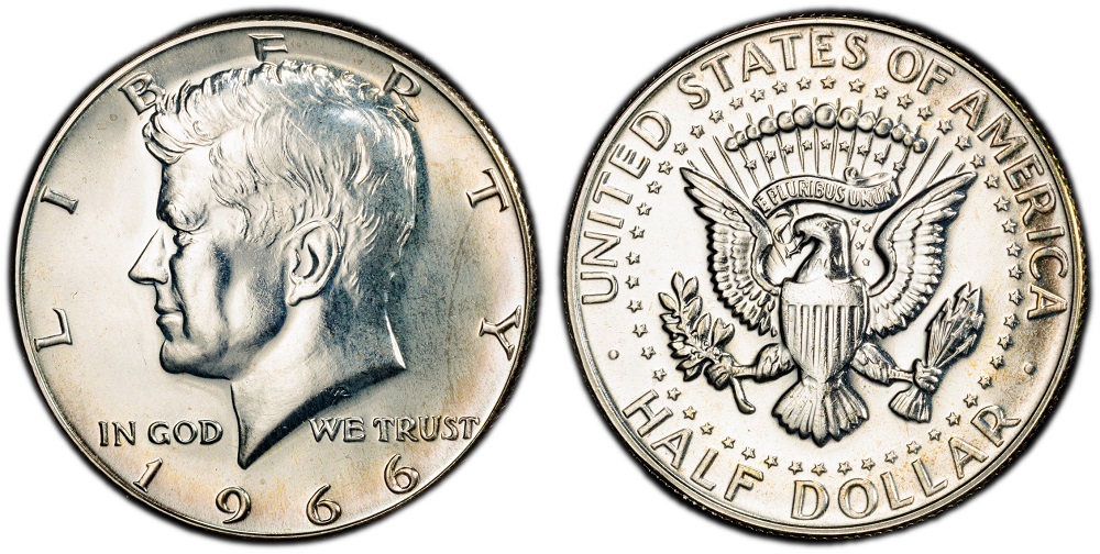 Side-by-side comparison: normal 1966 Kennedy half dollar with FG initials visible vs the No FG FS-901 variety with missing initials