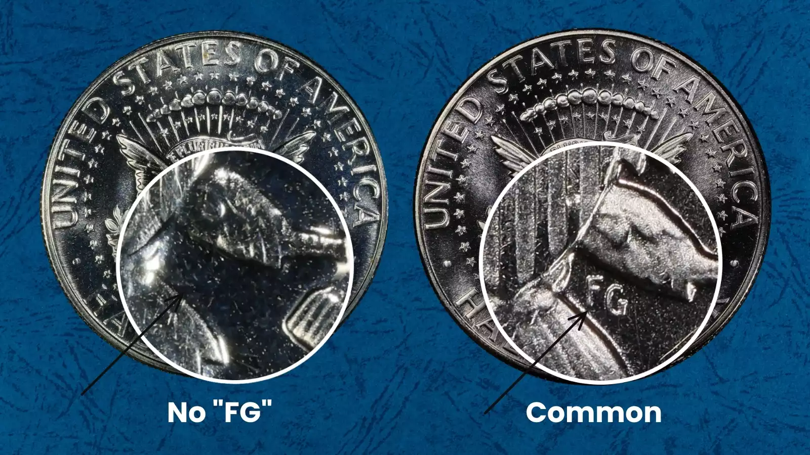 1966 Kennedy half dollar SMS No FG FS-901 variety showing missing designer initials on reverse below eagle's right leg