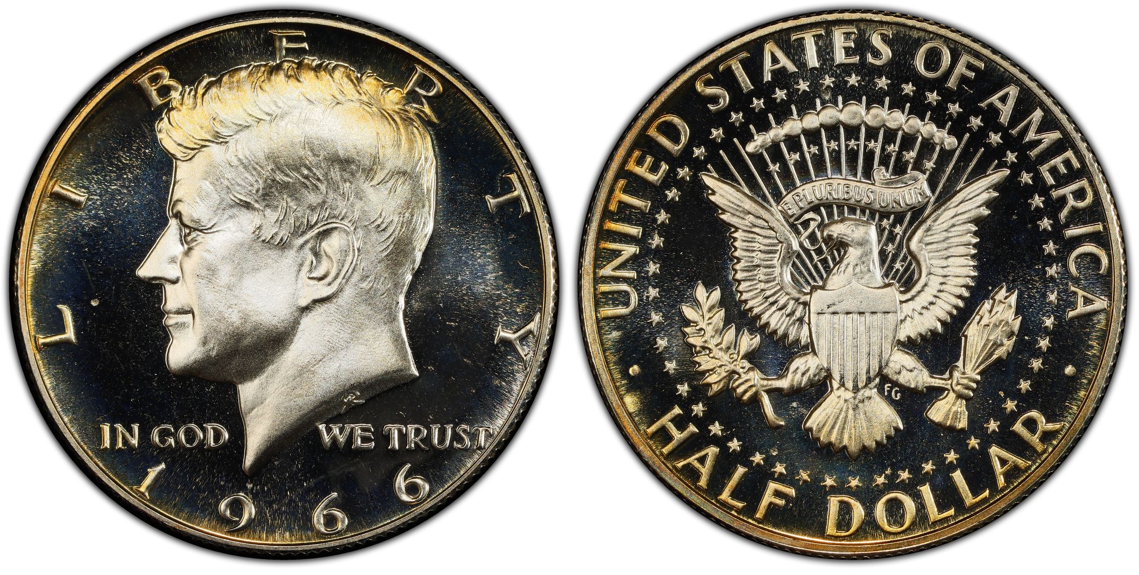 1966 SMS Kennedy half dollar Deep Cameo showing dramatic frosted JFK portrait contrast against mirrored fields