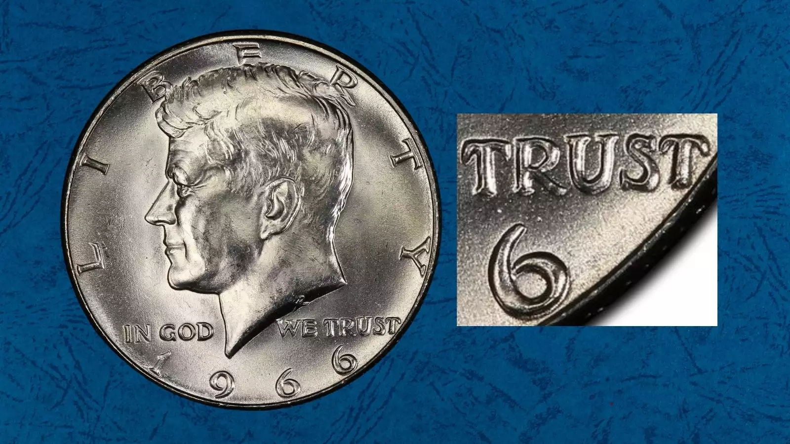 1966 Kennedy half dollar DDO FS-101 Doubled Die Obverse showing doubling on IN GOD WE TRUST lettering