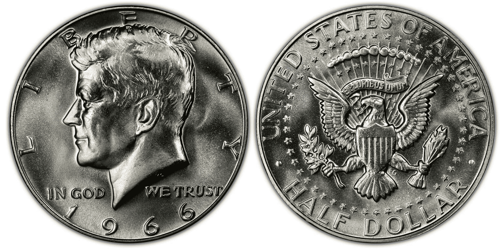 Group of 1966 Kennedy half dollars showing range of conditions from circulated to gem mint state
