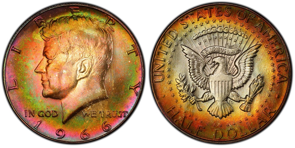 Grading strip showing four 1966 Kennedy half dollars in four condition tiers: worn, circulated AU, uncirculated, and gem mint state